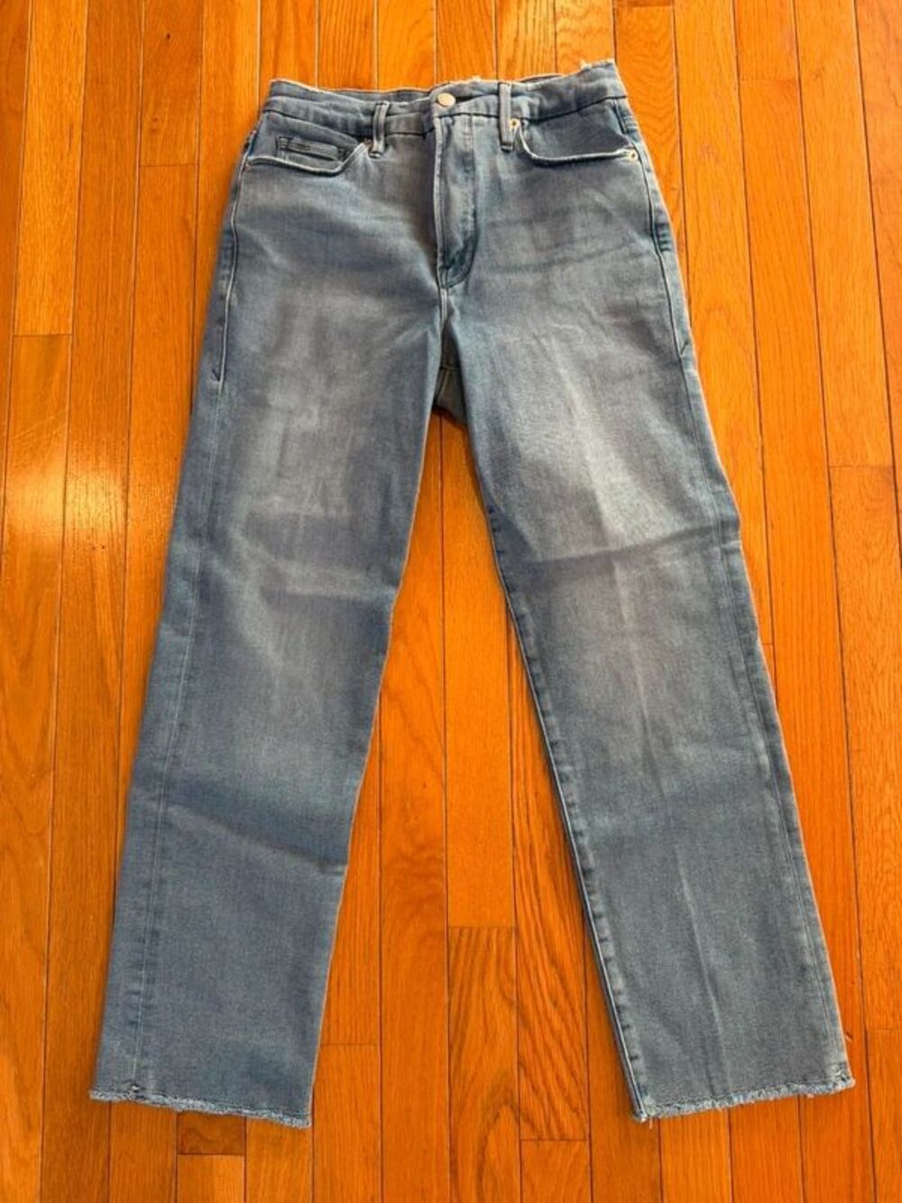 Good American Good Legs Light Wash Raw Hem Straight Jeans Size 28